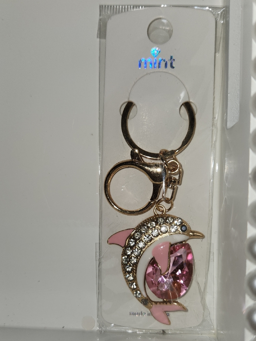 Mint Gold-Tone Pink Dolphin Keyring with Pink Crystal